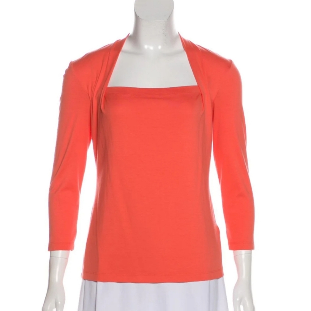 Lafayette New York Orange Peach Square Neck Stretch Tree Quater Sleeve Top S